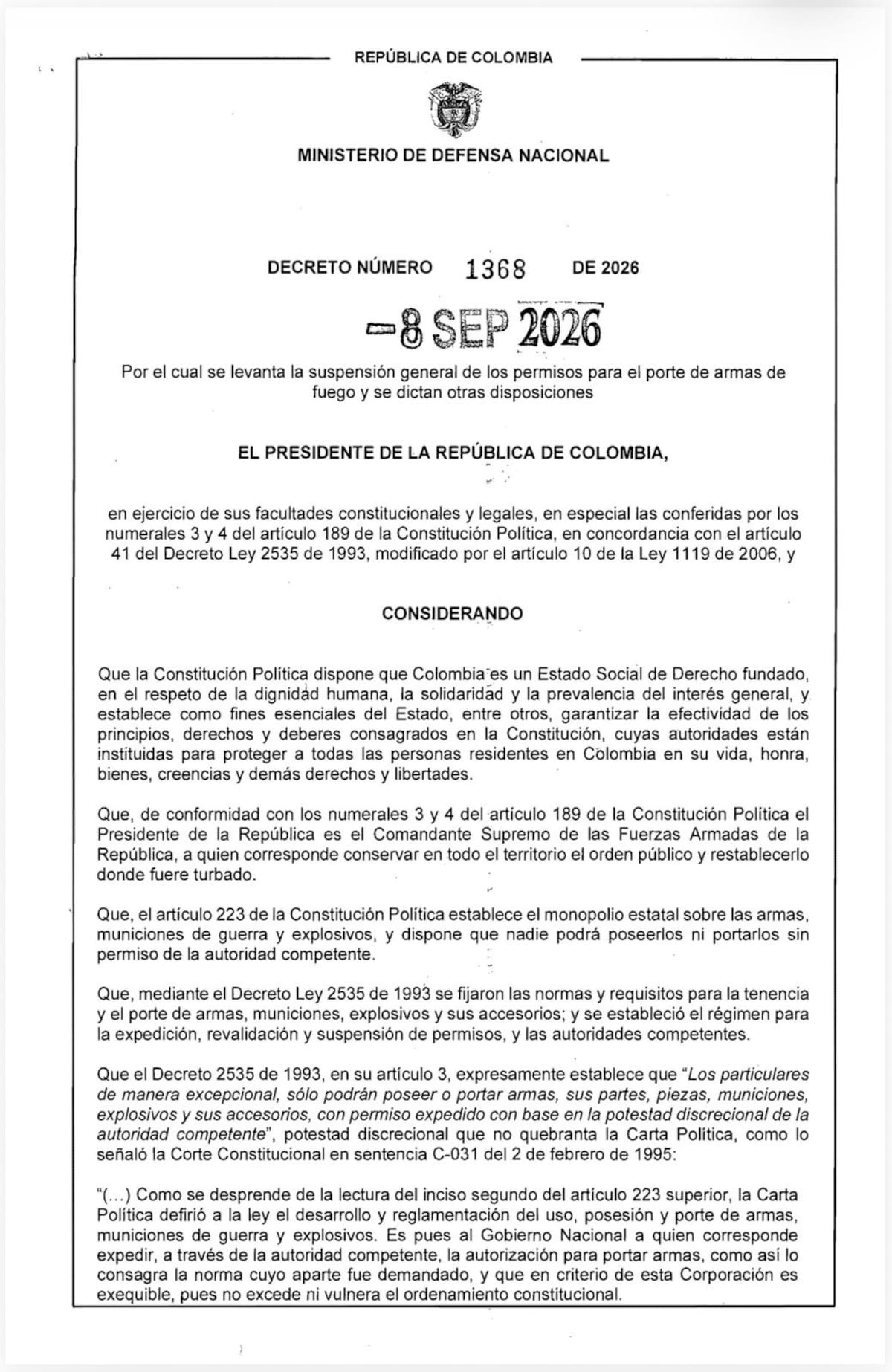 Este es el decreto que levanta la suspensión de permisos para el porte de armas.