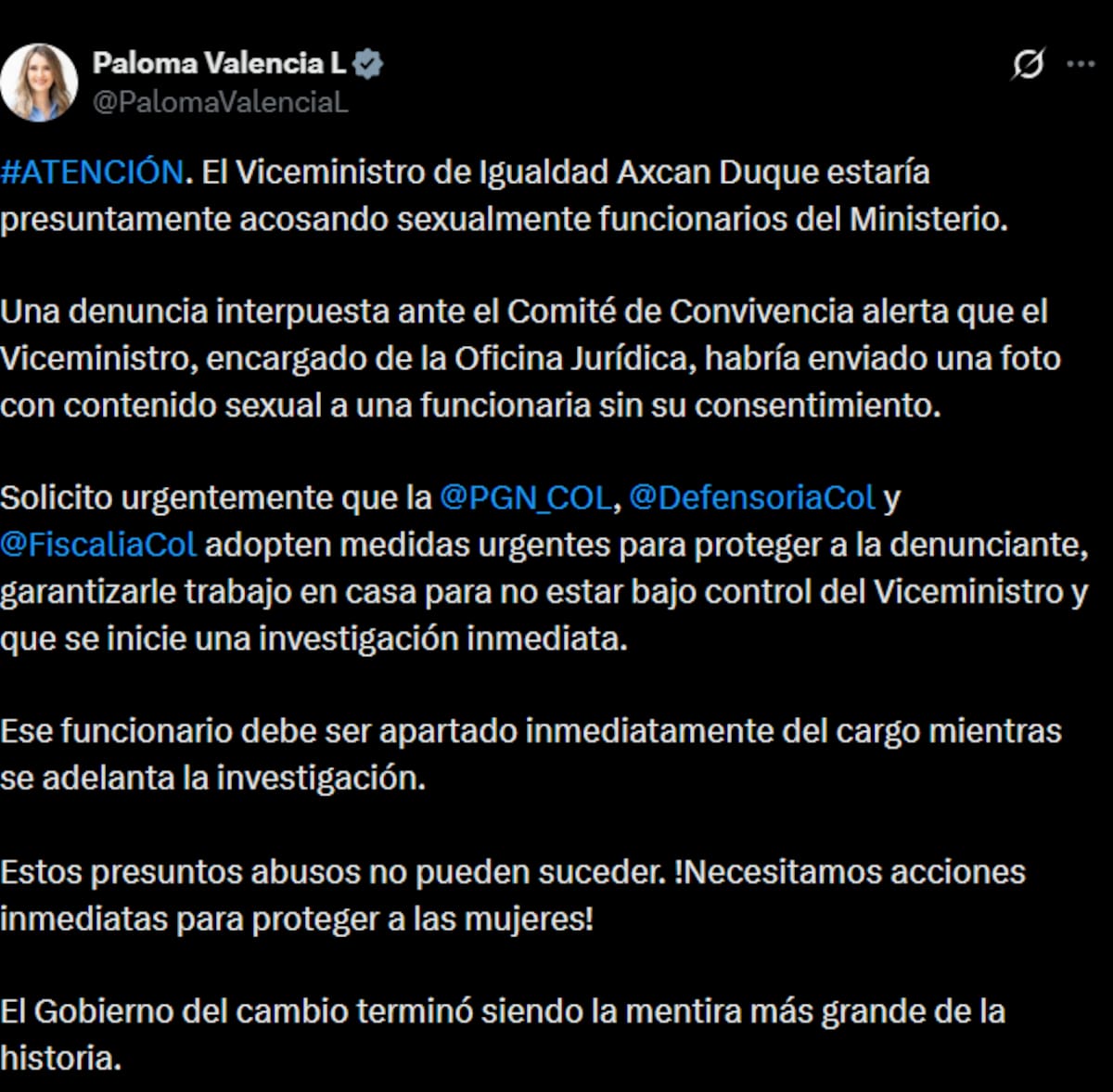La candidata presidencial Paloma Valencia denunció lo ocurrido a través de su cuenta de X.