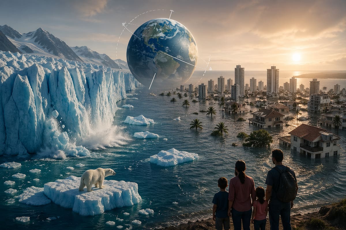 El deshielo de los polos y el aumento del nivel del mar amenazan ecosistemas y ciudades costeras en todo el mundo.
Foto tomada de: IA