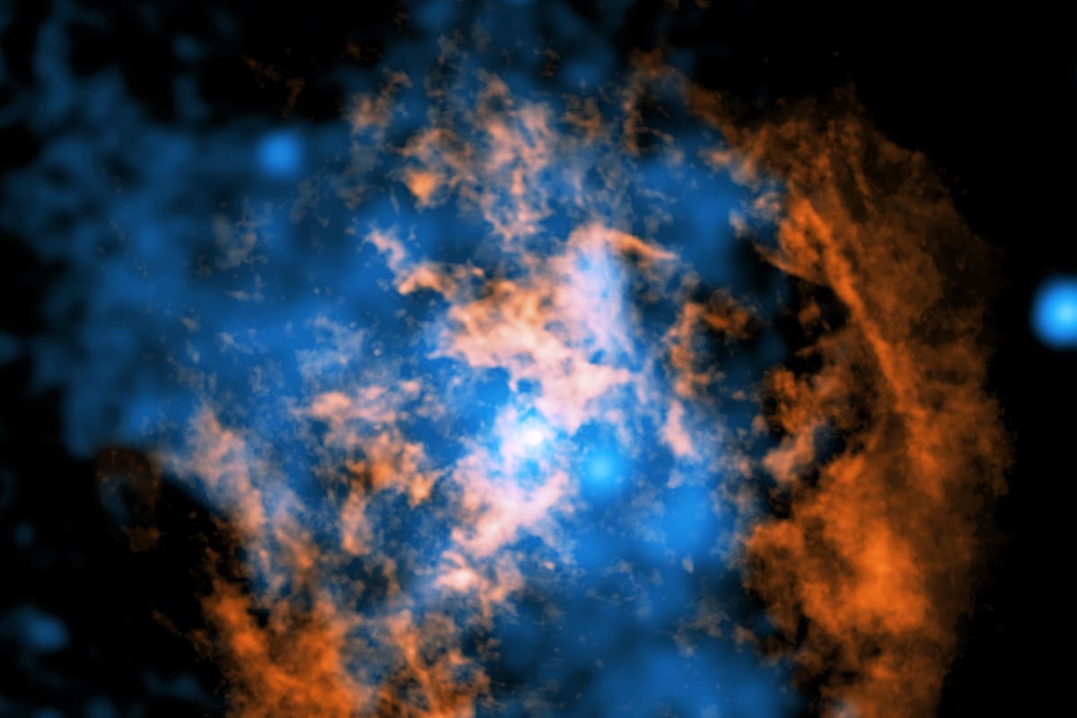 Esta imagen compuesta muestra evidencia de un viento que sopla alejándose de Sagitario A* (Sgr A*), el agujero negro supermasivo en el centro de nuestra galaxia. El punto blanco en el centro de la imagen muestra a Sgr A*. En naranja se presentan los datos de los radiotelescopios del Atacama Large Millimeter/Submillimeter Array (ALMA) en Chile, los cuales mapean la ubicación del gas frío compuesto de monóxido de carbono en la imagen. En azul se muestran los datos de rayos X del Observatorio de Rayos X Chandra de la NASA. Una gran cavidad en forma de cono, visible como una ausencia de gas frío en los datos de ALMA, está llena de gas caliente que emite rayos X en los datos de Chandra. Los investigadores piensan que un viento caliente y energético que sopla desde Sgr A* creó esta estructura al barrer el gas frío o al calentarlo. Rayos X: NASA/CXC/Northwestern Univ./M. Gorski; Radio: ESO/NAOJ/NRAO/ALMA; Procesamiento de imágenes: NASA/CXC/SAO/K. Arcand y P. Edmonds