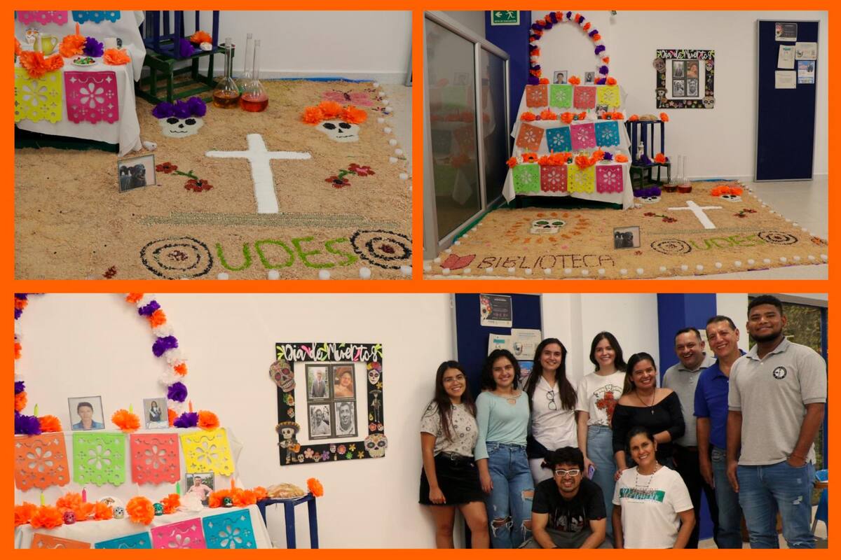 María Fernanda Rodríguez Maldonado y Sara Castro, de izquierda a derecha, comparten con sus compañeros de la Universidad de Santander, Udes. el altar que hicieron para celebrar esta fecha especial en la cultura mexicana. Fotos: suministrada Udes/VANGUARDIA