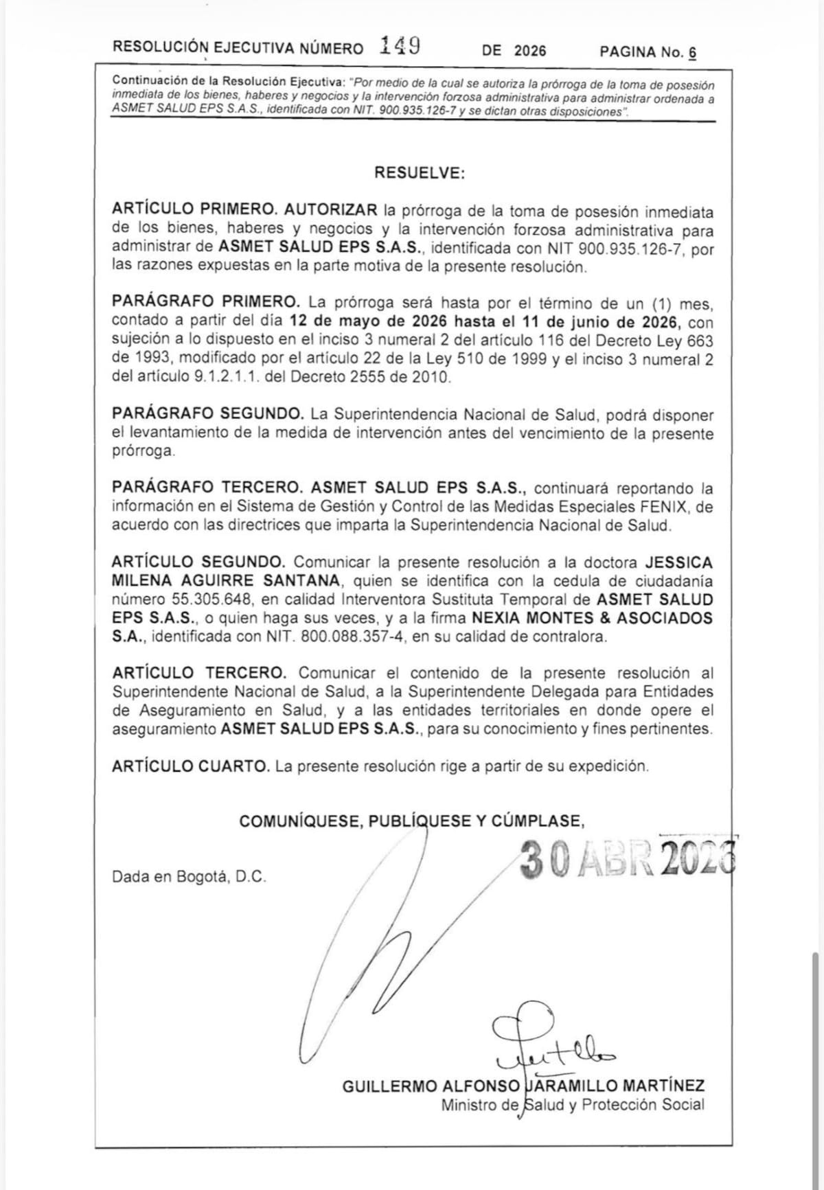 Documento de la Resolución Ejecutiva 149 de 2026, relacionada con la prórroga de la intervención administrativa a Asmet Salud EPS. Captura de documento de imagen compartida en X.