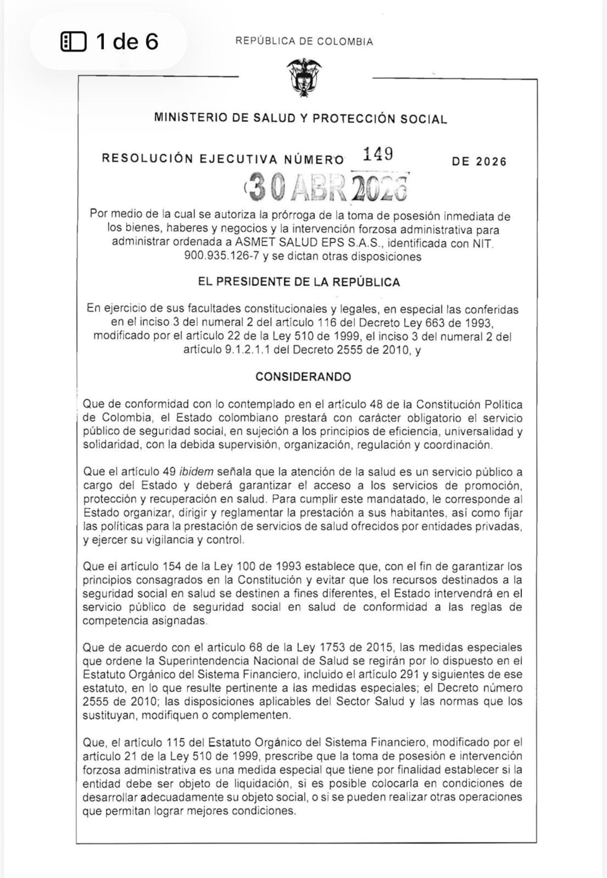 Documento de la Resolución Ejecutiva 149 de 2026, relacionada con la prórroga de la intervención administrativa a Asmet Salud EPS. Captura de imágenes de documento compartido en X.