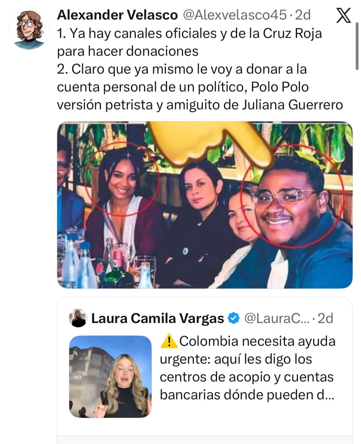 El congresista Óscar Benavides anunció una campaña de donaciones para apoyar a las comunidades afectadas por el terremoto en Chocó. Captura de trino en X.