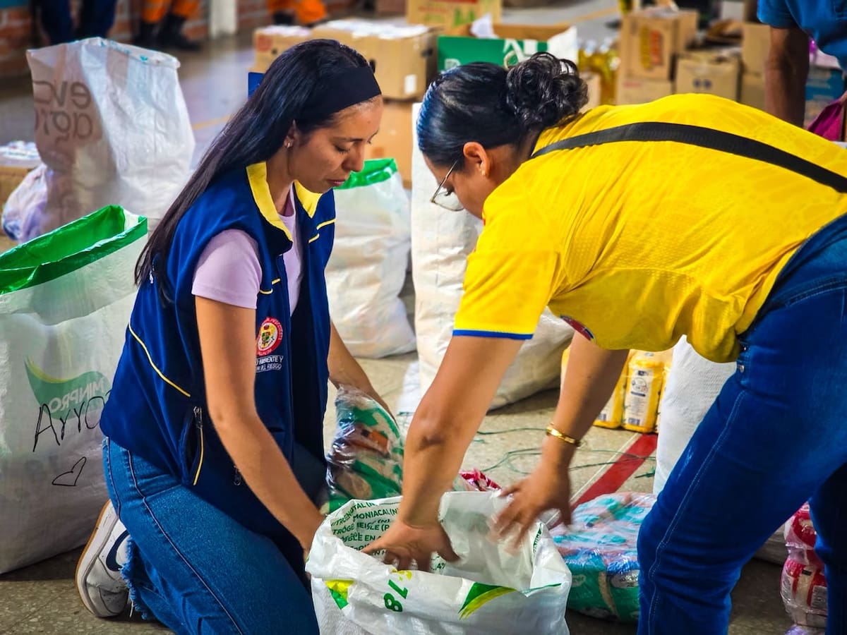 Los voluntarios clasifican y embalan las donaciones que serán enviadas a las comunidades afectadas por el terremoto en el Chocó, el Eje Cafetero y el Valle del Cauca.