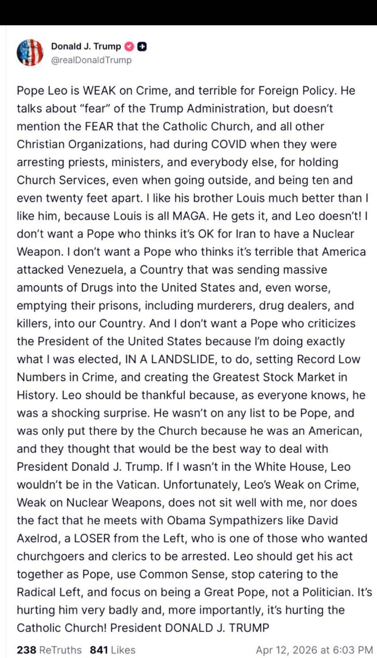 Ataque de Donald Trump al papa León XIV.