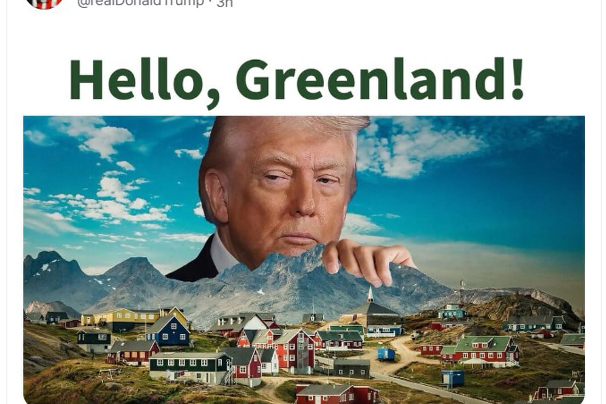Imagen difundida en la cuenta en la red Truth Social @realDonaldTrump del presidente de EE.UU., Donald Trump, donde volvió este sábado a mostrar su interés en Groenlandia al compartir un mensaje con una fotografía suya sobre la isla con la frase, "Hello, Greenland". EFE/ @realDonaldTrump