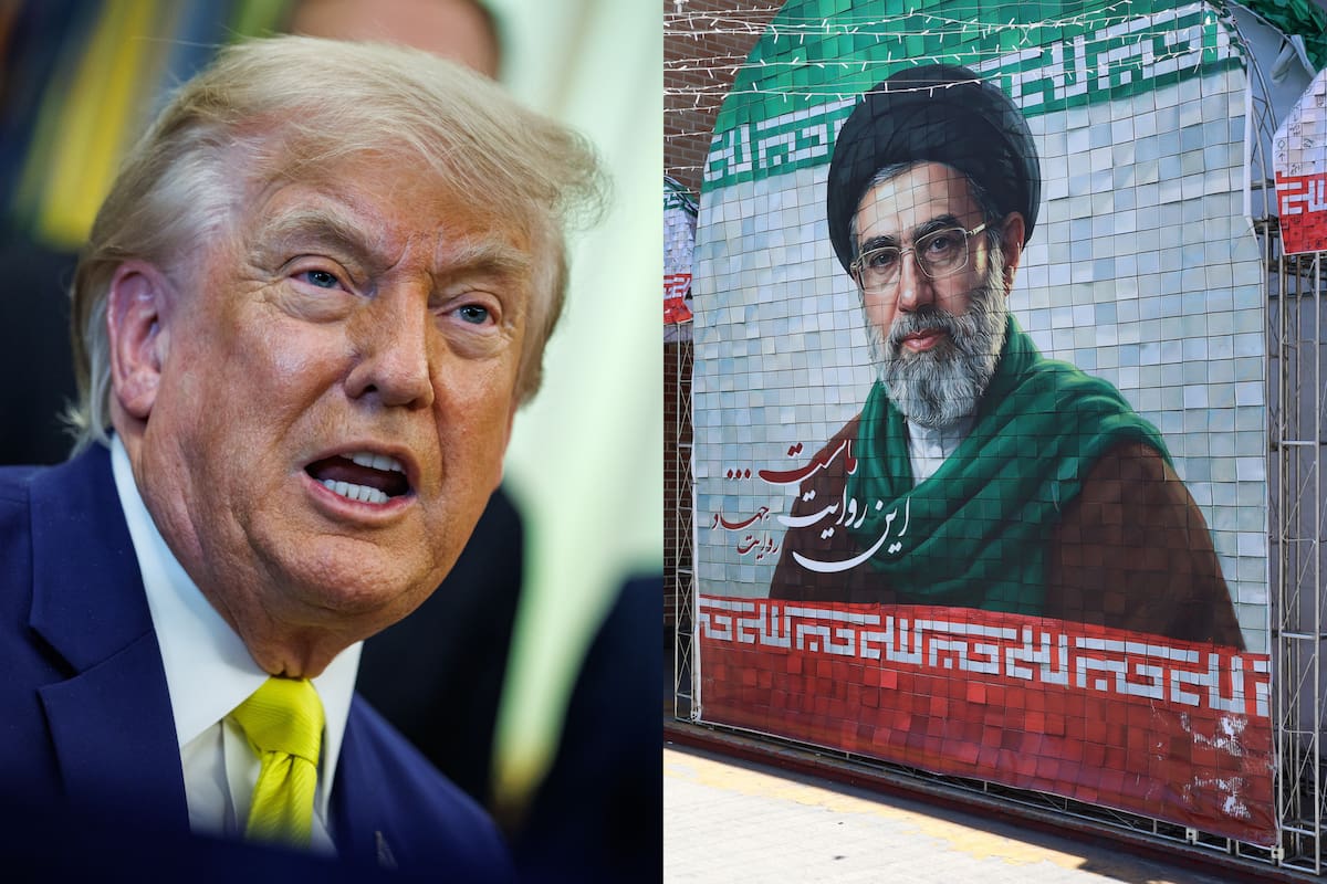 Mural del fallecido líder supremo iraní, el ayatolá Mojtaba Khamenei (D), en una calle de Teherán, Irán. El conflicto entre Irán y Estados Unidos continúa mientras el presidente estadounidense Donald Trump (I) reitera sus amenazas de nuevas acciones militares contra Irán. // Foto: generada con imágenes de EFE.