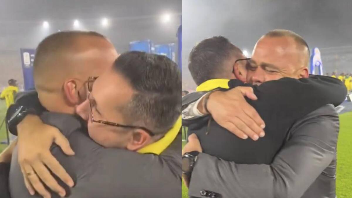 Rafael Dudamel, entrenador del Atlético Bucaramanga y Jaime Andrés Beltrán, alcalde de Bucaramanga, se funden en un abrazo tras el título del fútbol colombiano | Tomado de video Jaime Beltrán.