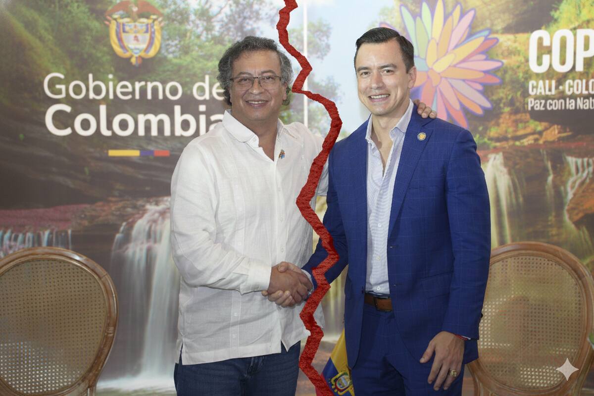 Ecuador anuncia aranceles del 30 % a productos colombianos. Tensión en las relaciones entre el presidente Gustavo Petro y Daniel Noboa | Imagen producida con Inteligencia Artificial