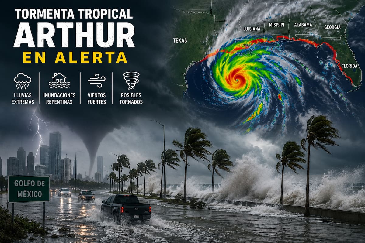 La tormenta tropical Arthur, el primer sistema ciclónico de la temporada atlántica de huracanes, comenzó a desplazarse este miércoles sobre el Golfo de México. Imagen creada con IA