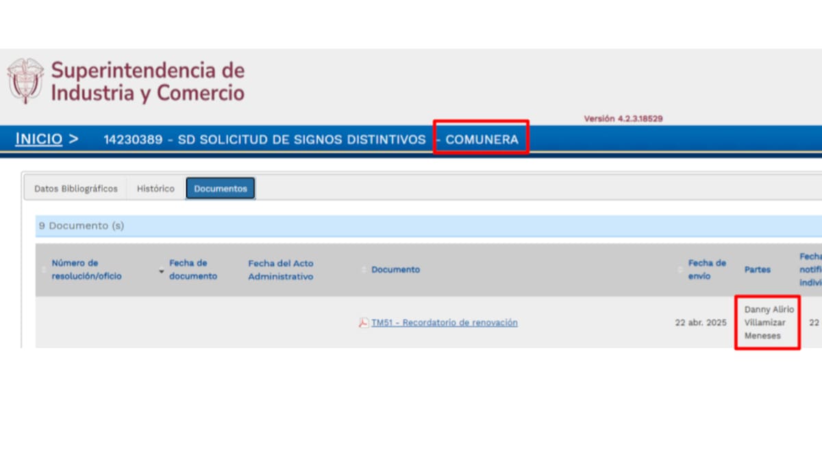 El abogado Danny Villamizar, socio de la Empresa Licorera de Santander SAS BIC, era el apoderado de Juan Sebastián Galvis Adarme en el proceso de renovación de la marca 'Comunera'