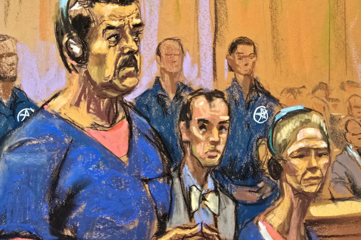 Dibujo realizado por la artista Jane Rosenberg donde aparece el presidente de Venezuela, Nicolás Maduro, junto a su esposa, Cilia Flores, compareciendo ante un tribunal federal, en Nueva York (EE.UU.).
Foto: EFE/ Jane Rosenberg.