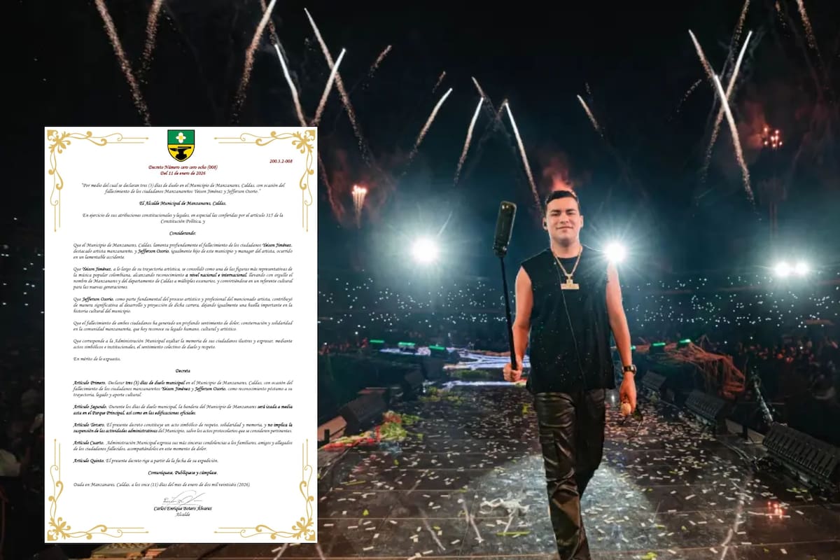 El alcalde de Manzanares, Carlos Enrique Botero, declaró tres días de duelo en honor a Yeison Jiménez y Jeferson Osorio, quienes perdieron la vida en el accidente.