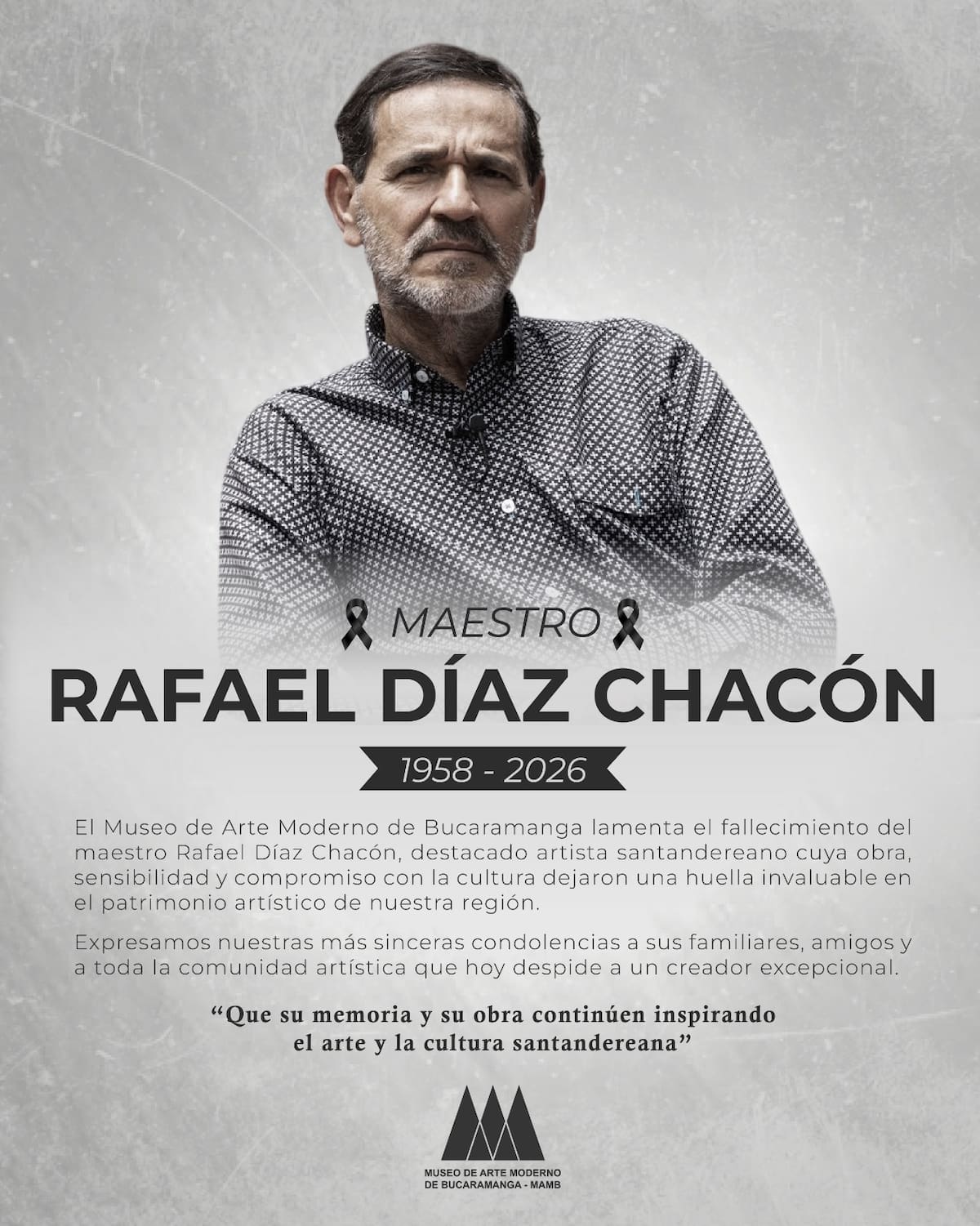 Con una obra marcada por la identidad regional, la cultura Yariguí y los signos ancestrales, Rafael Díaz Chacón deja un legado que une arte, historia y patrimonio. Su nombre queda ligado a la memoria visual de Santander. Foto archivo/VANGUARDIA