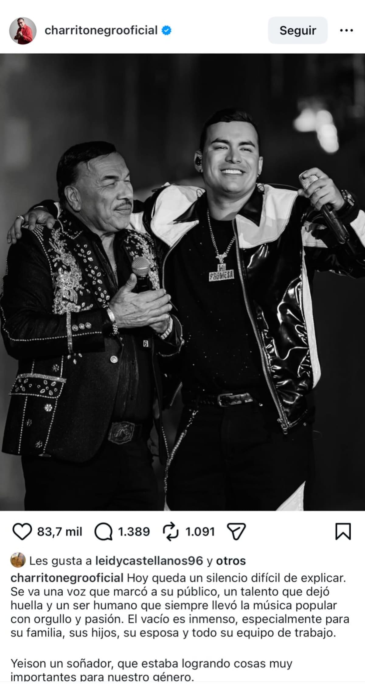 El Charrito Negro destacó la huella que Yeison Jiménez dejó en la música popular, pese a fallecer a los 34 años.