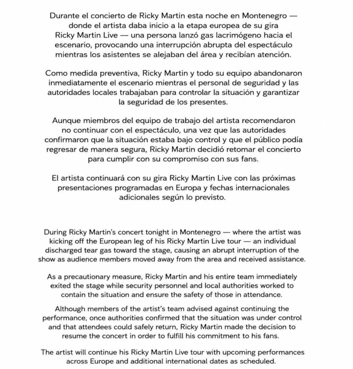 El comunicado oficial confirmó que Ricky Martin continuará con su gira europea pese al ataque que interrumpió el concierto en Montenegro. Comunicado oficial // Ig: rondenepr