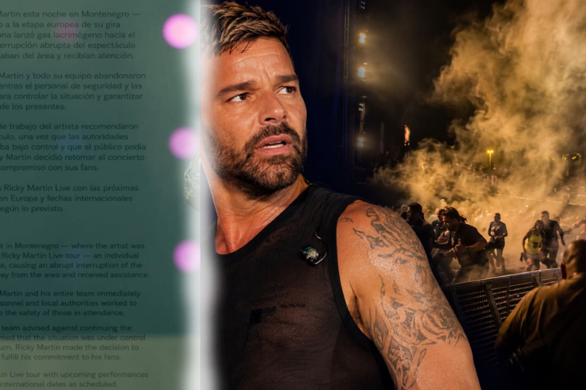 El concierto de Ricky Martin fue interrumpido por varios minutos tras el lanzamiento de gas lacrimógeno cerca de la tarima en Montenegro. Imagen con apoyo de recreación IA // Comunicado Ig: rondenepr. // Canva.