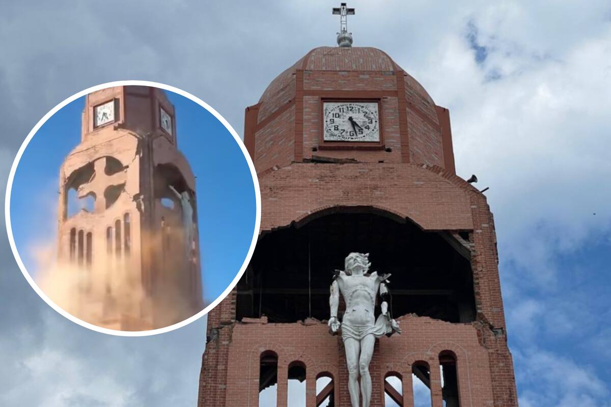 El Cristo de la Esperanza quedó aferrado a la fachada de la Basílica Menor Jesús, María y José en Quimbaya tras el terremoto del pasado lunes. Foto: Andrés Sabogal|LA PATRIA
