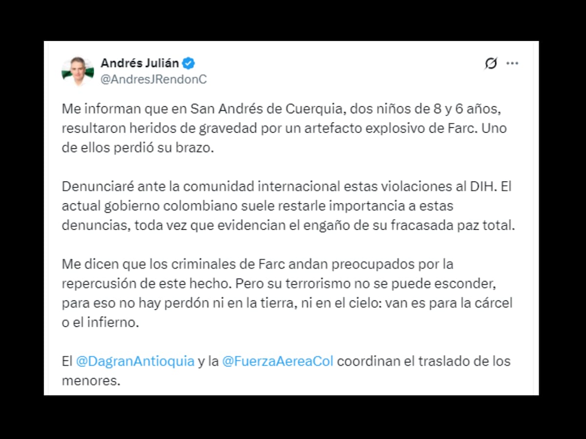 El gobernador de Antioquia, Andrés Julián Rendón, confirmó la tragedia y expresó su profundo rechazo ante lo sucedido.