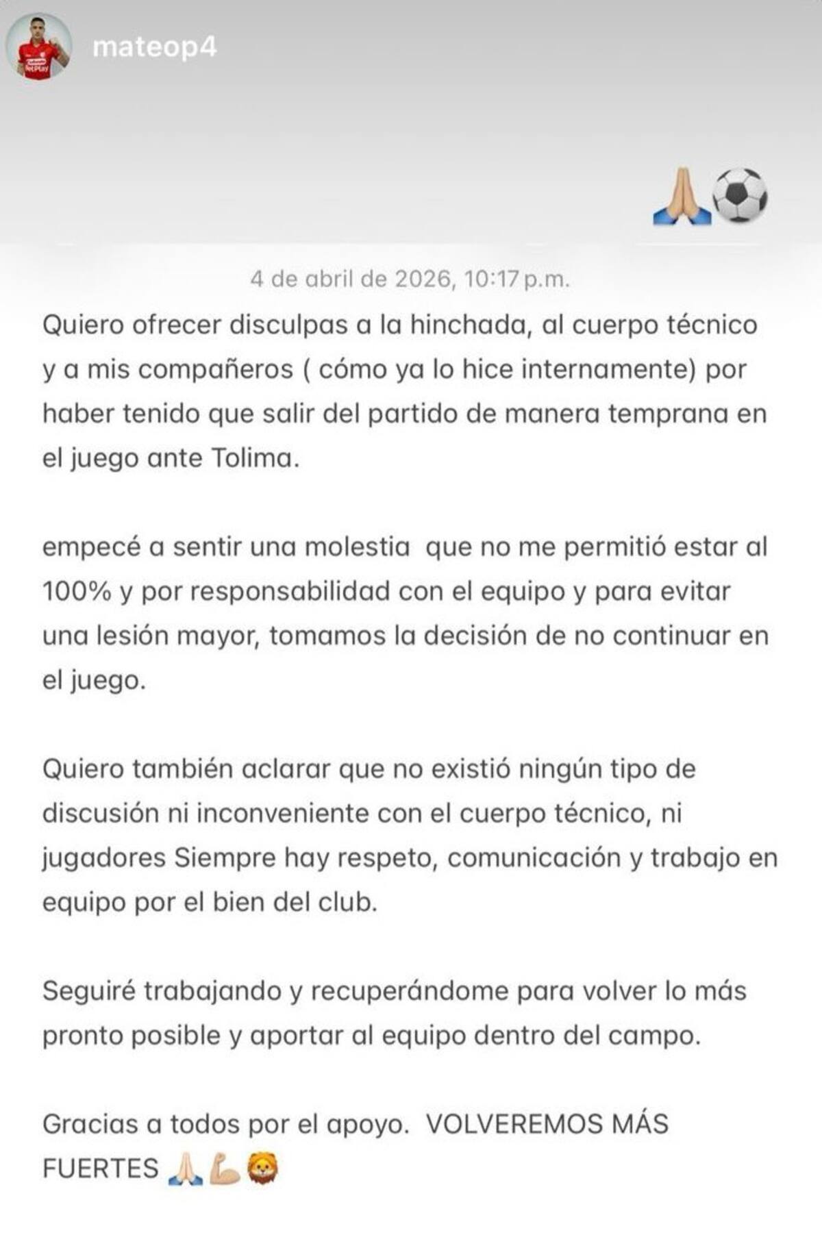 El mensaje de Mateo Puerta: disculpas y explicación