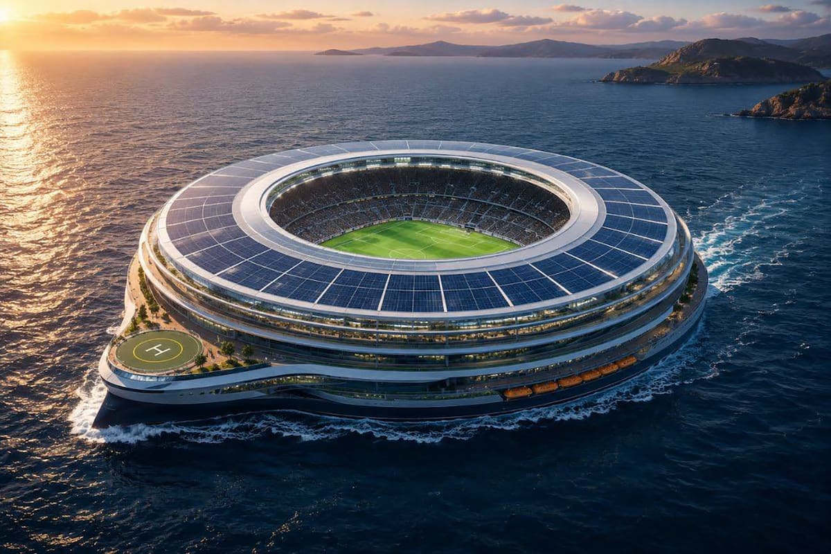 Una enorme plataforma se aproxima al puerto. A bordo, un estadio de fútbol. 50.000 espectadores embarcan hacia sus asientos.
