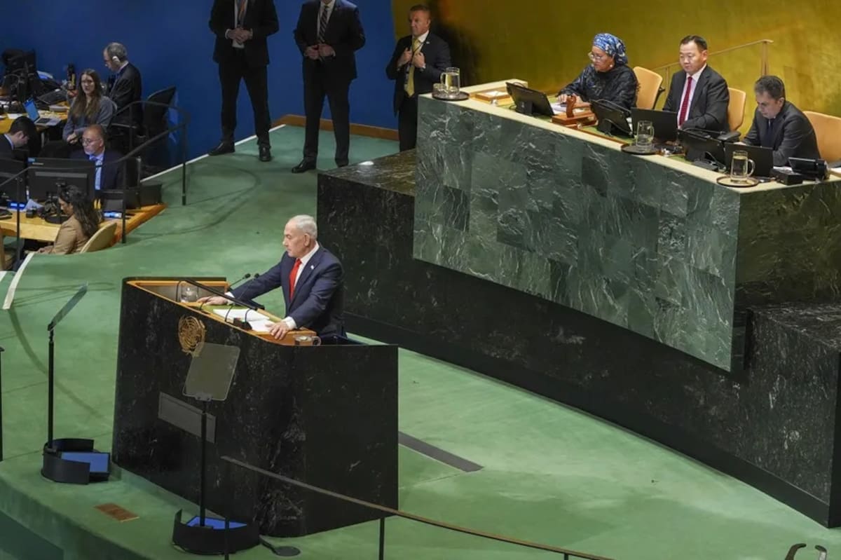 El primer ministro de Israel, Benjamín Netanyahu, habla durante la 81.ª Asamblea General de la ONU, este 24 de septiembre de 2026, en Nueva York (Estados Unidos). EFE/ Ángel Colmenares