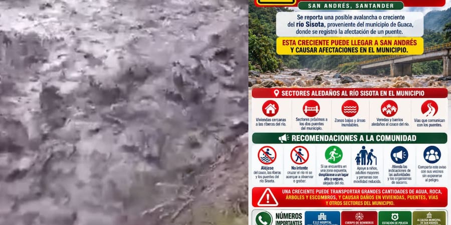 Creciente súbita del río Sisota amenaza a Guaca, Santander: reportan daños en puentes y vías