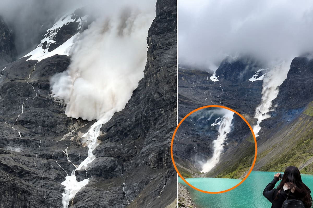 Los turistas que visitan el lago Humantay en la región de Cusco, Perú, presenciaron un extraordinario evento natural cuando un enorme glaciar se desprendió de una ladera montañosa y se precipitó al lago de abajo.