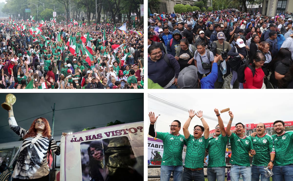Combo de fotografías de archivo que muestran a aficionados de México celebrando el récord Guinness de la ola mas grande (arriba-i), maestros de la Coordinadora Nacional de Trabajadores de la Educación en manifestación (arriba-d), una mujer protesta por personas desaparecidas (abajo-i), y aficionados de México presentes en el estadio Ciudad de México. EFE/Madla Hartz/José Méndez/Mario Guzmán