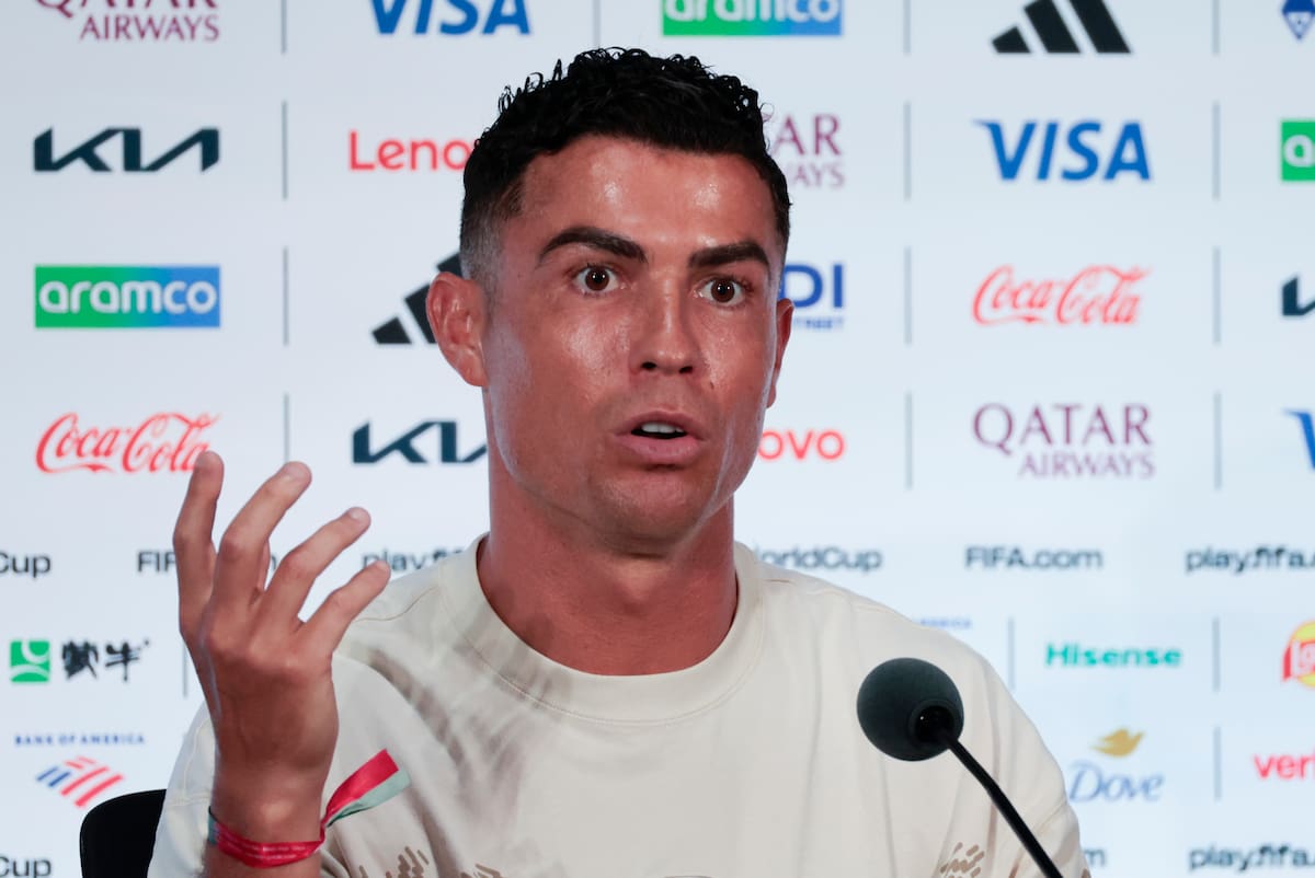 DALLAS, 05/07/2026.-El jugador de la selección de Portugal Cristiano Ronaldo, durante la rueda de prensa tras el entrenamiento de la selección de Portugal este domingo en Dallas (Estados Unidos). Portugal se entrenta mañana lunes en octavos de final del Mundial 2026 a la selección española en estadio de Dallas.- EFE/ Lavandeira jr