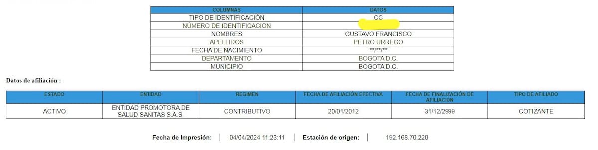 El presidente Gustavo Petro, quien ha liderado la cruzada contra las EPS, ha resultado ser afiliado a Sanitas EPS.