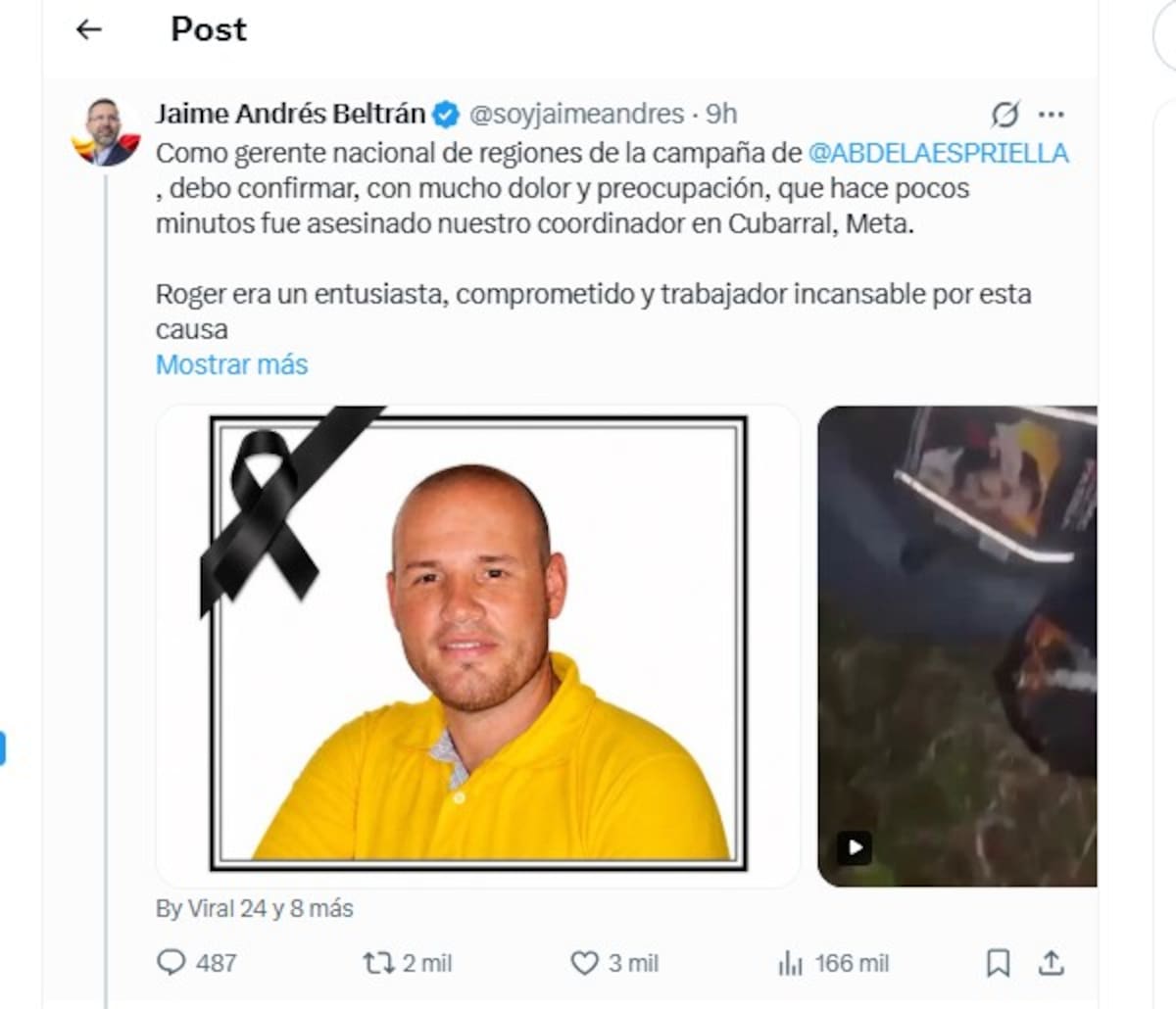 Exalcalde de Cubarral fue asesinado en Meta mientras viajaba en motocicleta. | Foto: Captura tomado de X.
