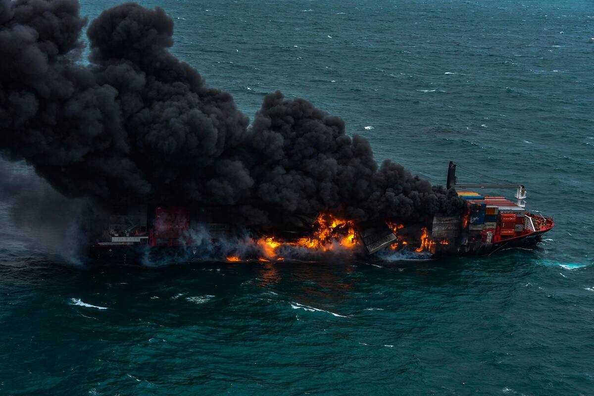 La columna de humo procedente del carguero MV X-Press Pearl, incendiado ayer con más de 1.000 contenedores abordo, incluyendo 25 toneladas de ácido nítrico. EFE / VANGUARDIA