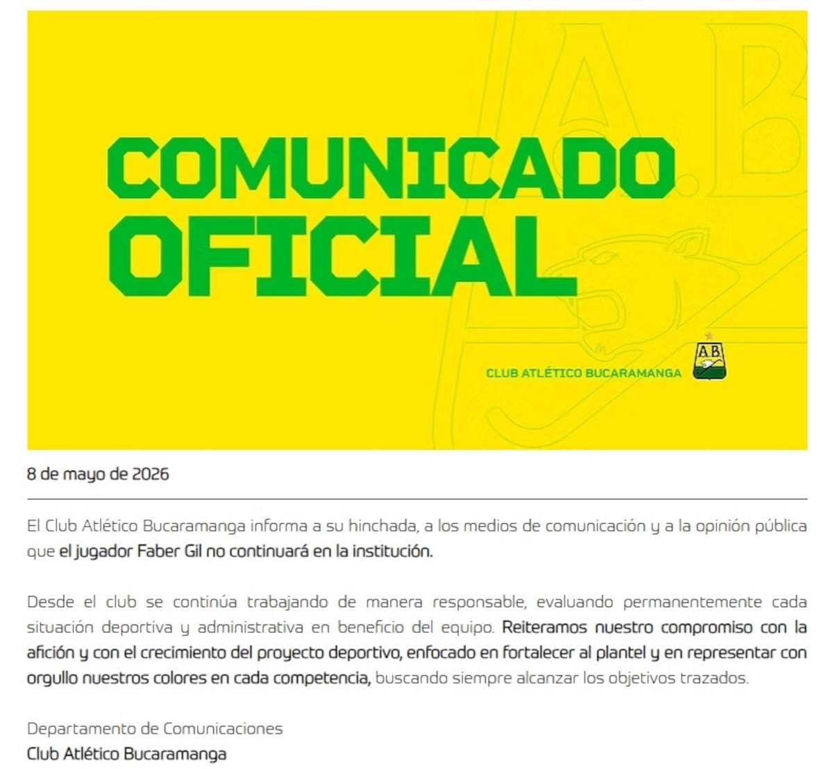 Fáber Gil no seguirá en el Atlético Bucaramanga: así lo anunció el club