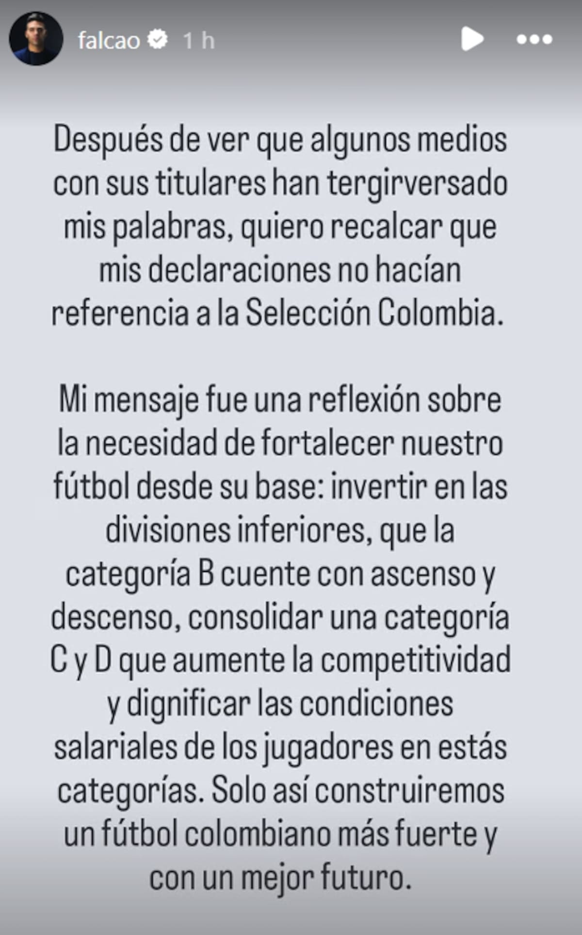 Falcao aclaró que su crítica no iba dirigida a la Selección Colombia. Foto: Instagram Falcao