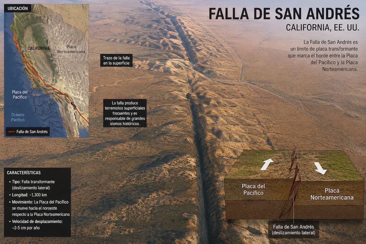Imagen de referencia para ilustrar la Falla de San Andrés, en California, Estados Unidos. // Foto: generada con IA - ChatGPT.