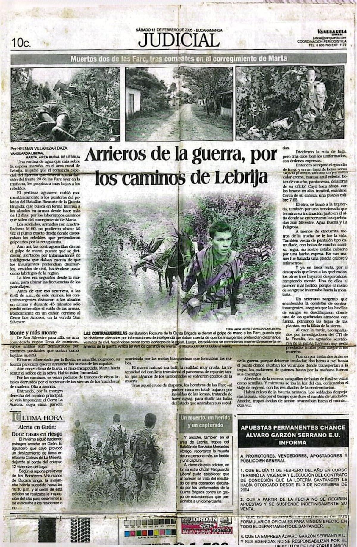 El artículo "Arrieros de la guerra, por los caminos de Lebrija", fue publicado en Vanguardia Liberal el 12 de febrero de 2005. Foto: Archivo / VANGUARDIA