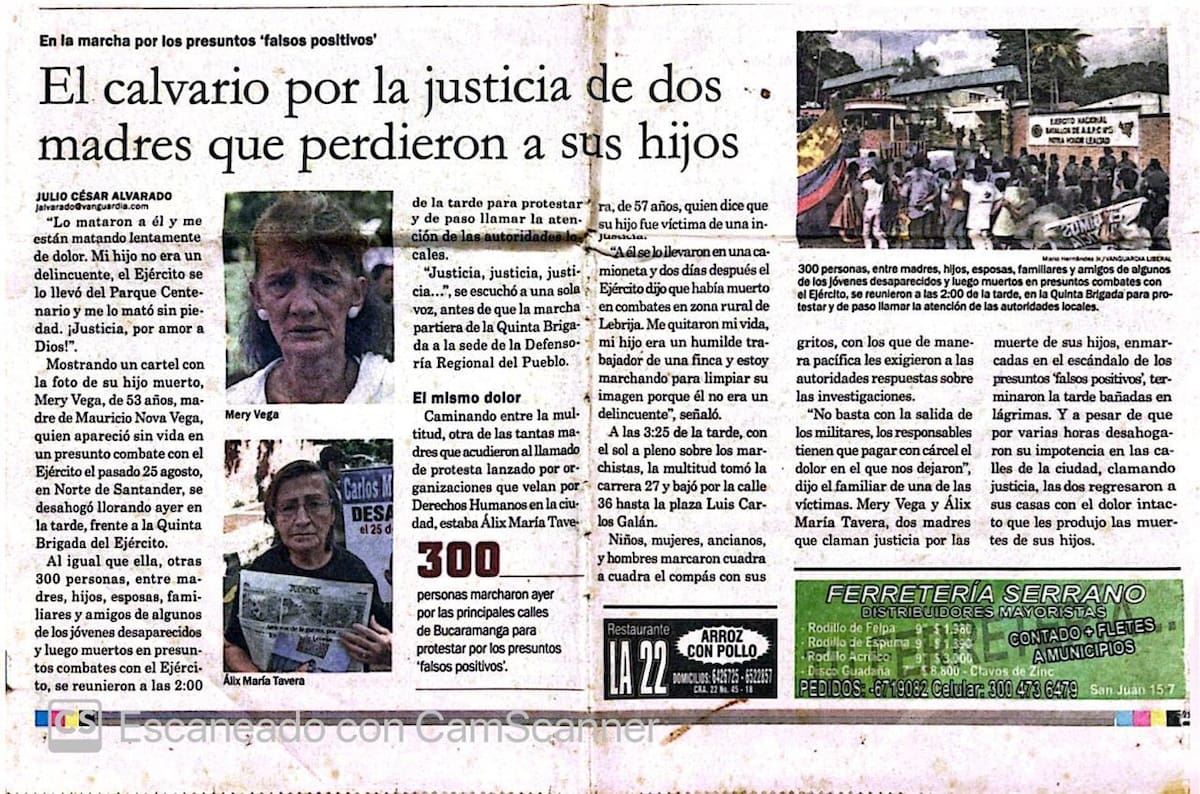 El artículo "El calvario por la justicia de dos madres que perdieron a sus hijos", fue publicado en Vanguardia Liberal, tres años después de la muerte de los jóvenes. En él, Alix María Tavera aclamó su verdad. Foto: Archivo / VANGUARDIA