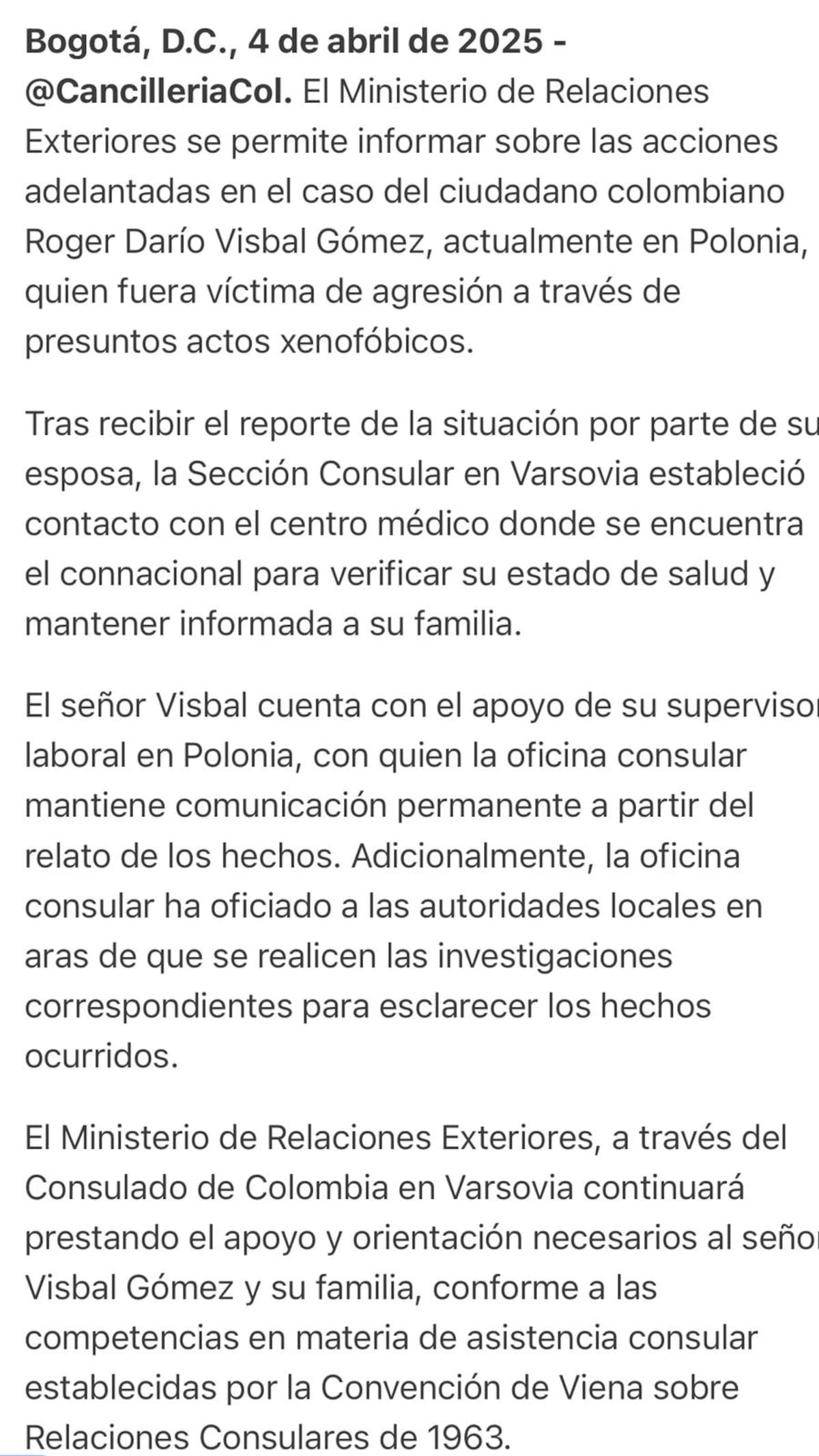 Familia en Barranquilla pide ayuda urgente para trasladar familiar a Polonia tras agresión a abogado colombiano. Foto: Cancillería Colombia