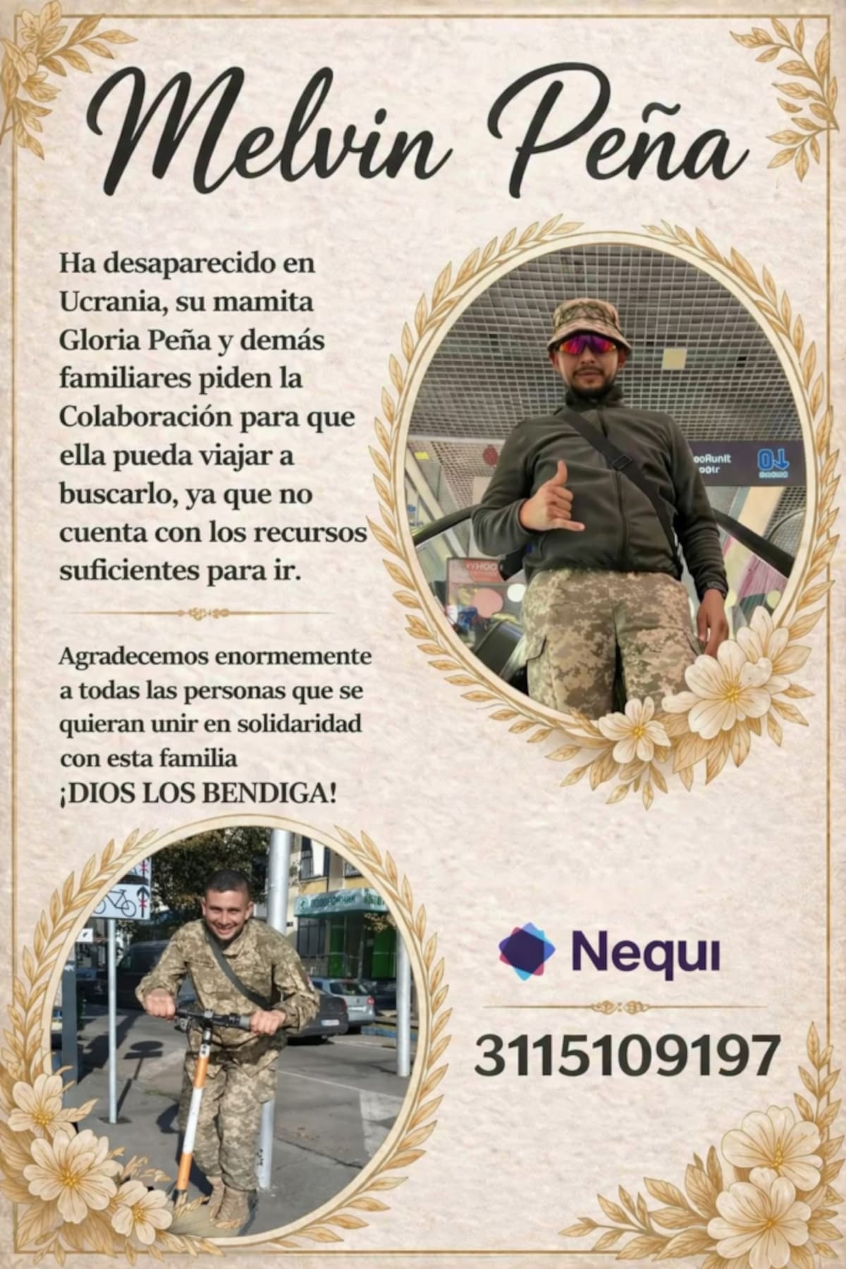 Familiares piden apoyo para continuar la búsqueda de Melvin Peña en Ucrania.