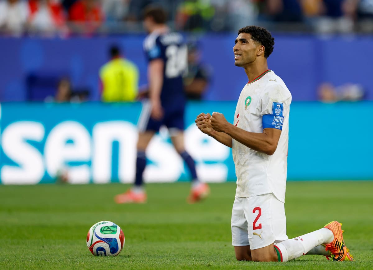 FOXBOROUGH (United States), 19/06/2026.- Morocco defender Achraf Hakimi reacts after defeating Scotland 1-0 in the FIFA World Cup 2026 group stage match between Scotland and Morocco at Boston Stadium in Foxborough, Massachusetts, USA, 19 June 2026. (Marruecos) EFE/EPA/GREG M. COOPER