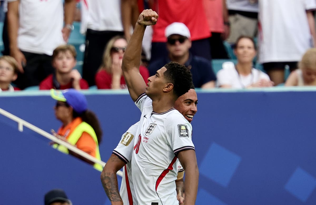 MIAMI (United States), 12/07/2026.- Jude Bellingham of England celebrates after scoring his second goal during the FIFA World Cup 2026 quarterfinals match Norway against England, in Miami, USA, 11 July 2026. (Noruega) EFE/EPA/RONALD WITTEK