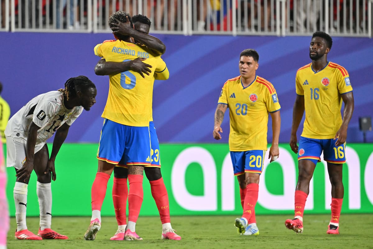 KANSAS CITY (United States), 04/07/2026.- Players of Colombia celebrate winning the FIFA World Cup 2026 Round of 32 match Colombia against Ghana, in Kansas City, Missouri, USA, 03 July 2026. EFE/EPA/AMY KONTRAS