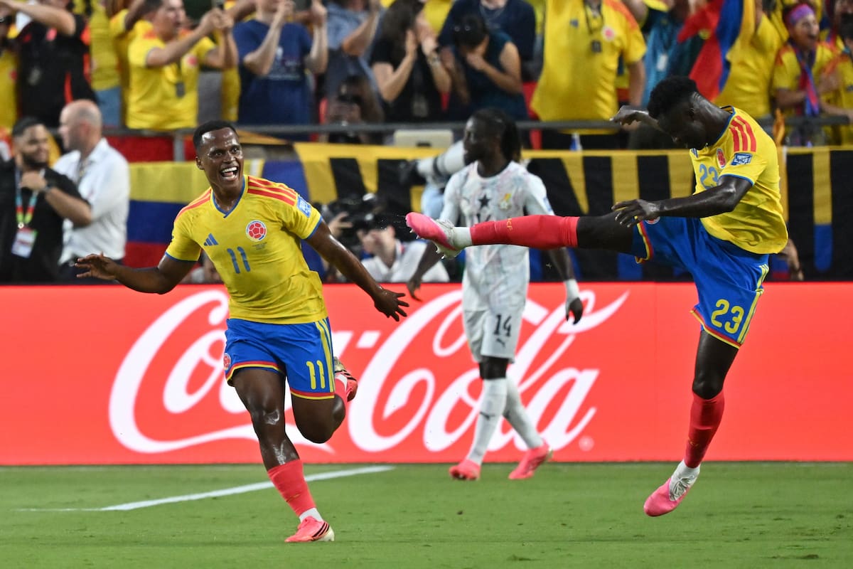 KANSAS CITY (United States), 03/07/2026.- Jhon Arias of Colombia (L) celebrates scoring the 1-0 goal during the FIFA World Cup 2026 Round of 32 match Colombia against Ghana, in Kansas City, Missouri, USA, 03 July 2026. EFE/EPA/AMY KONTRAS