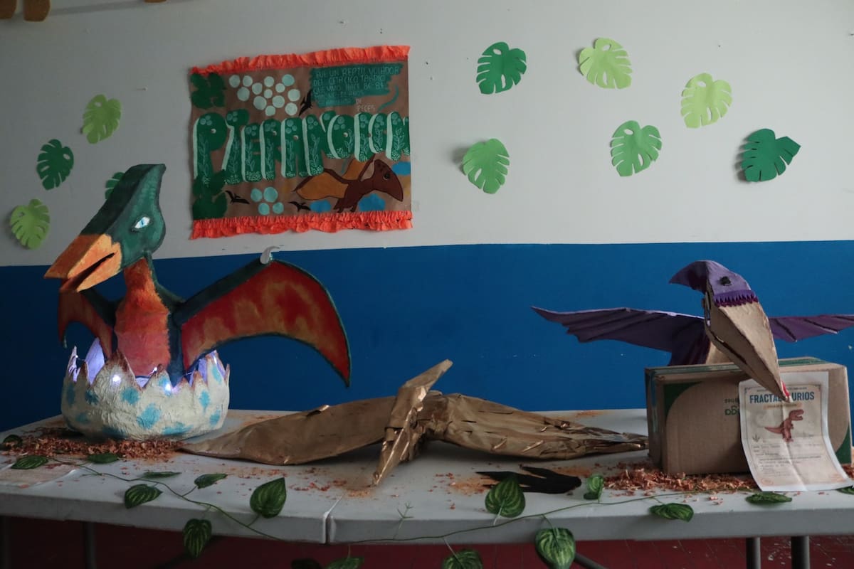 Con cartón y otros materiales reutilizados, los estudiantes dieron vida a dinosaurios prehistóricos mientras aprendían sobre geometría, proporciones y estructuras. Foto: Franz Rey