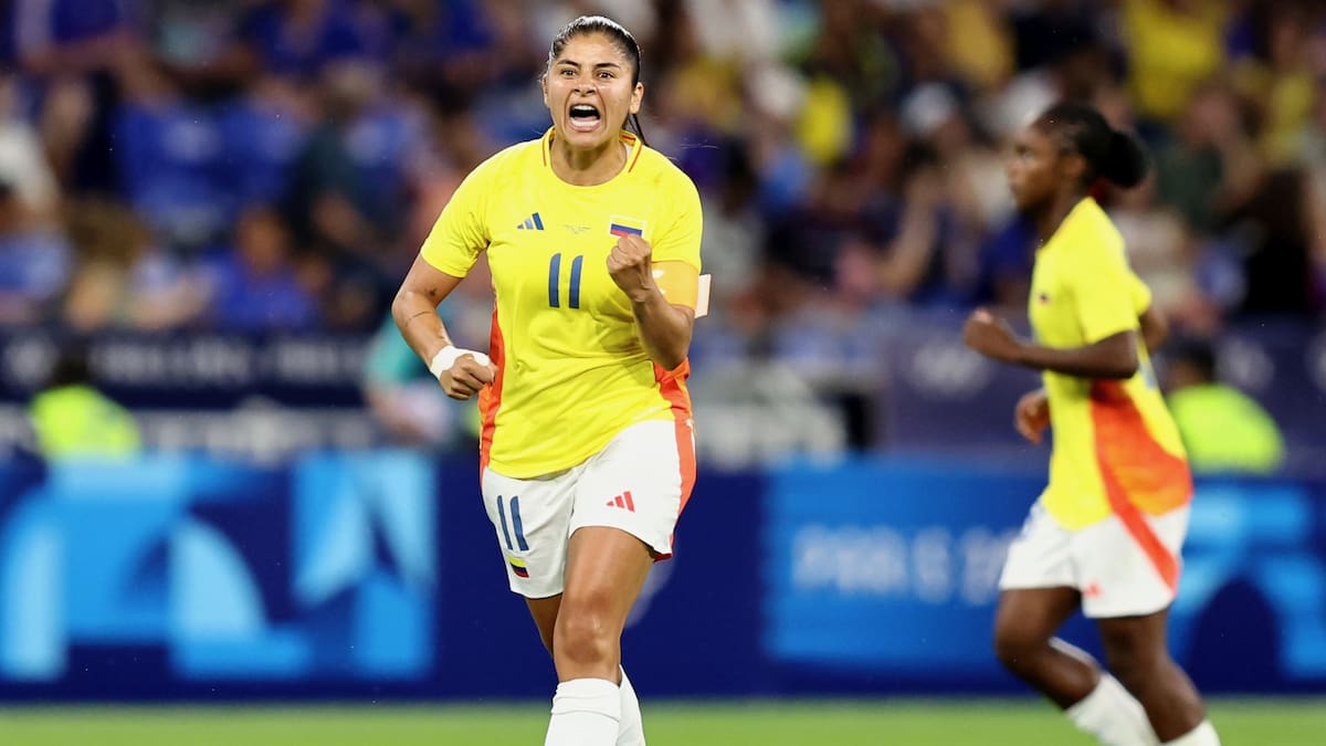LYON, FRANCE - JULY 25: Catalina Usme #11 of Team Colombia celebrates scoring her team's first goal during the Women's group A match between France and Colombia during the Olympic Games Paris 2024 at Stade de Lyon on July 25, 2024 in Lyon, France. (Photo by Matt McNulty - FIFA/FIFA via Getty Images)
