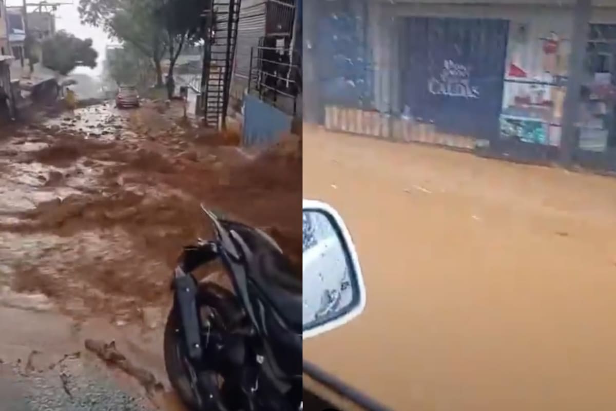 Las fuertes lluvias de la tarde provocaron encharcamientos y dificultades de movilidad en varios sectores de Bello. Captura de videos.