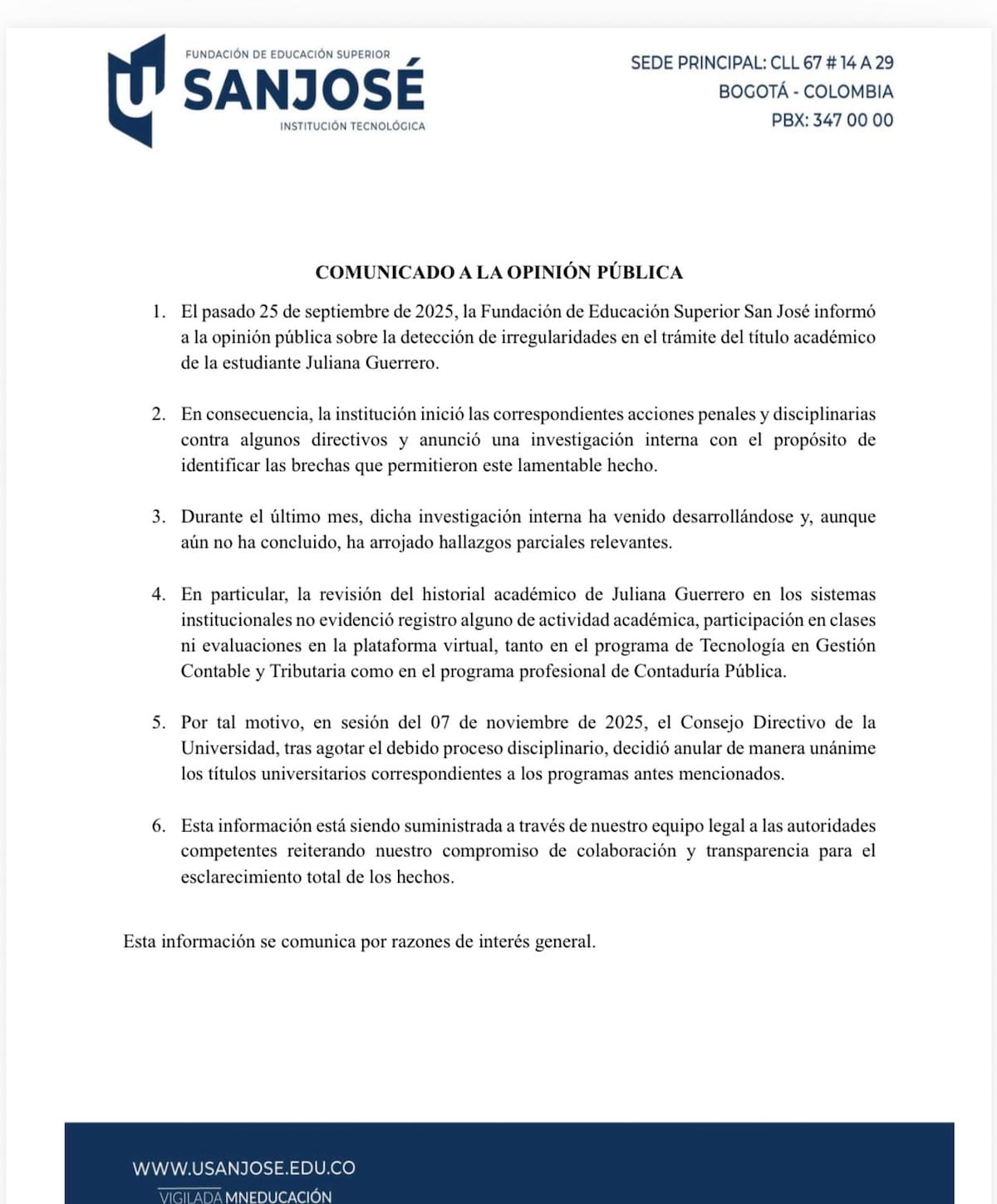 La Fundación Universitaria San José anuló oficialmente el título universitario a Juliana Guerrero.