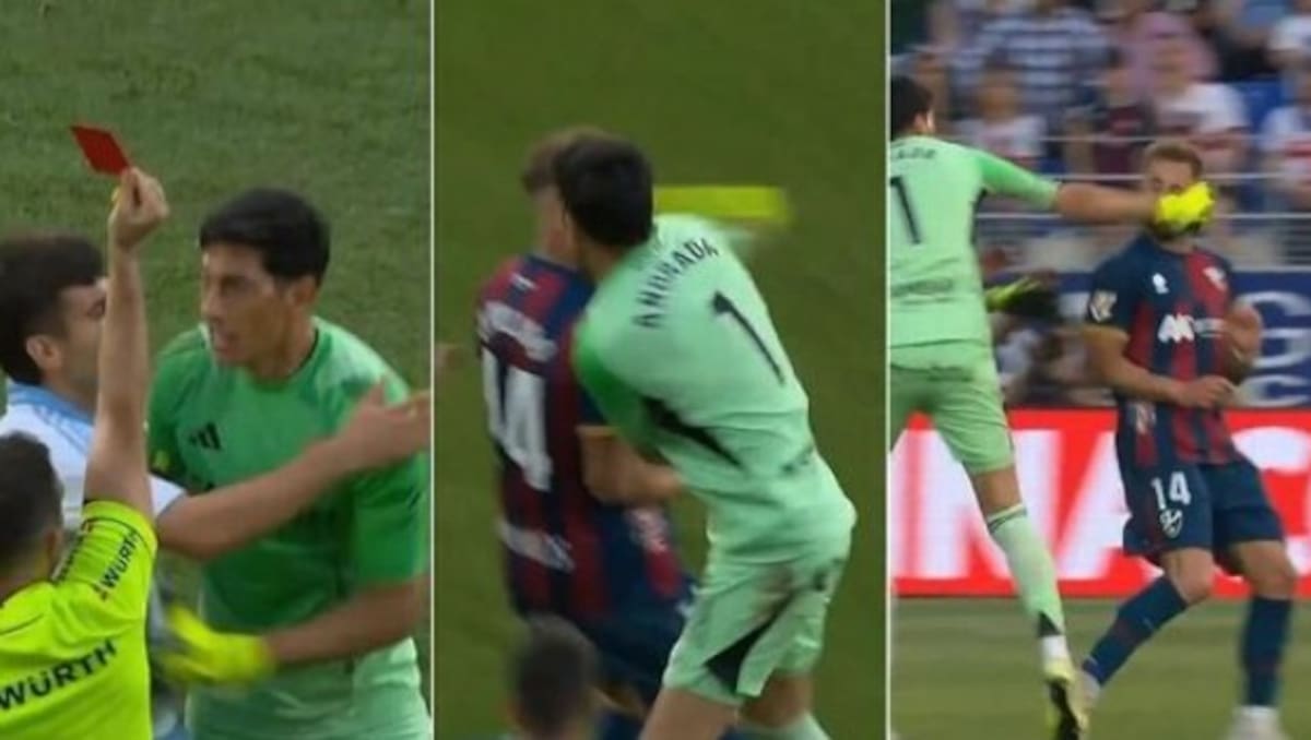 El arquero argentino Esteban Andrada agredió con un golpe en el rostro a Jorge Pulido. La acción desató una batalla campal entre jugadores del Zaragoza y el Huesca en el fútbol español. /FOTO: Captura de Pantalla